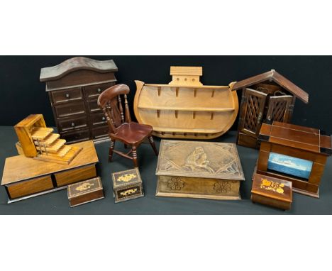 Boxes and objects - an apprentice type mahogany miniature spindle and splat back chair, 31cm high;  early 20th century carved