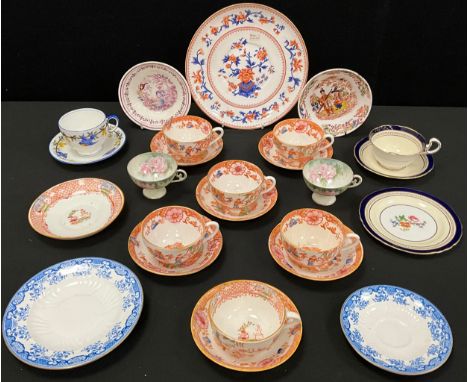 A set of five George Hilditch and Sons, Staffordshire, chinoiserie cups and saucers, and another similar;  other possibly Sta