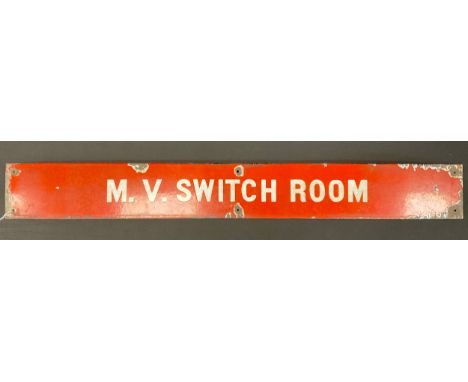 Enamel sign - rectangular sign, white lettering on a red background, ‘M.V. SWITCH ROOM’, 13cm x 106cm.