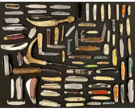 Pen knives - late 19th and early to mid 20th century - including Farriers tool, deer antler handle;  cow horn handles, mother