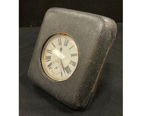 A goliath pocket watch, plated base metal case, white dial, bold Roman numerals, 8 day manual wind movement, 6.6cm diameter, 