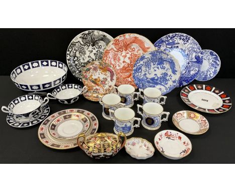 Royal Crown Derby - Black Aves dinner plate, Red Aves dinner plate, and two Blue Aves side plates;  Derby Border pattern plat