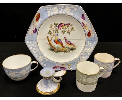 An early Spode pattern no. 2104 hexagonal plate, painted with fanciful birds within moulded blue border, 21cm x 24cm; conform