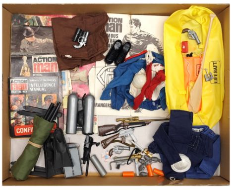 Palitoy Action Man vintage group to include various accessories and clothing including life-raft and survival accessories, Gl