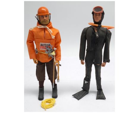 Palitoy Action Man pair of figures, (1) vintage figure, flock hair, gripping hands, wearing a 40th Anniversary (or similar) M