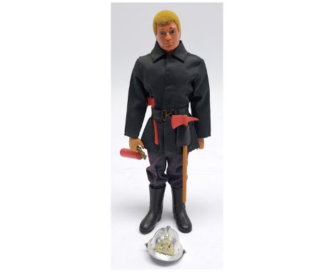 Palitoy Action Man vintage Fireman Outfit, blonde flock hair, gripping hands, eagle eyes, dynamic body, wearing jacket, trous