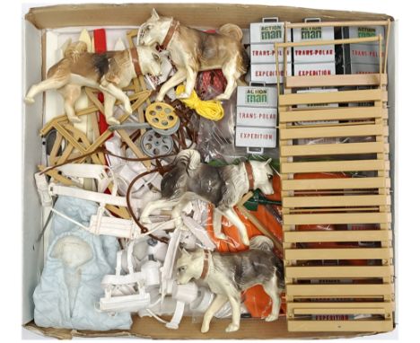 Palitoy Action Man vintage loose Polar &amp; Mountain Explorer related accessories to include skis, boots, sledges, husky dog