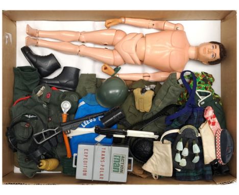 Palitoy Action Man vintage, unboxed group to include undressed flock head, gripping hands figure (may have reproduction hands