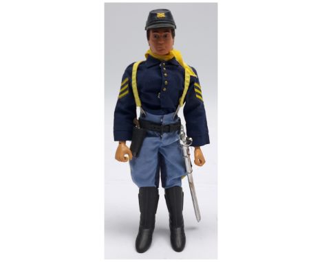 Palitoy Action Man vintage 7th Cavalry, dark flock hair, gripping hands, eagle eyes, dynamic body, wearing shirt, riding bree