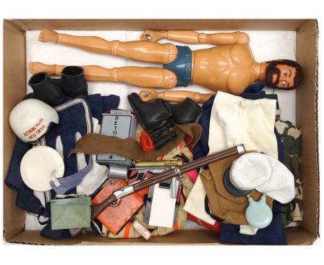 Palitoy Action Man vintage, unboxed group to include undressed eagle eyed, gripping hands figure plus various accessories inc
