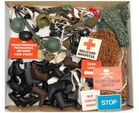 Palitoy Action Man vintage loose boots, hats, helmets, card signs, nets, plus other accessories - see photo. Conditions are g