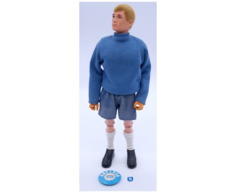 Palitoy Action Man vintage Chelsea FC Footballer, blonde flock hair, gripping hands, wearing shirt, shorts, socks, boots, inc