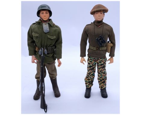 Palitoy Action Man vintage Soldier pair, (1) dark flock hair, plastic hands, wearing jacket, trousers, helmet, plus other acc