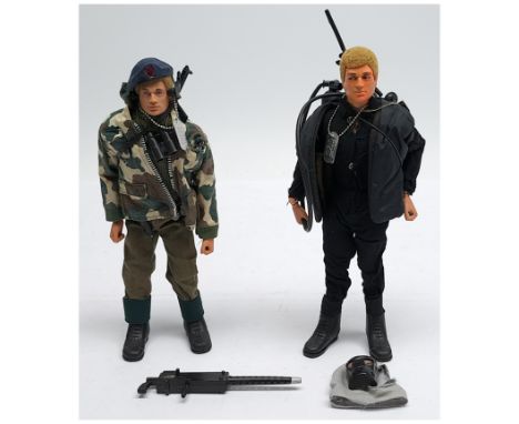 Palitoy Action Man vintage loose/unboxed pair of flock haired figures, wearing uniform with accessories, not checked for comp