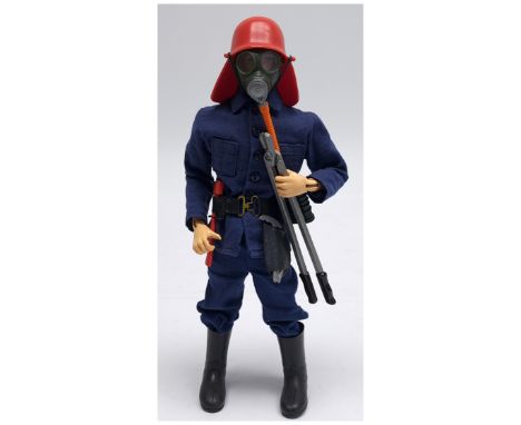 Palitoy Action Man vintage Fire Crash Crew, blonde flock hair, plastic hands, wearing jacket, trousers, helmet, boots, torch,