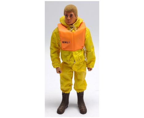 Palitoy Action Man vintage R.N.L.I. Sea Rescue, blonde flock hair, gripping hands, eagle eyes, wearing oilskin jacket, trouse