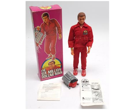 Denys Fisher Six Million Dollar Man Steve Austin 12" figure with engine block, information leaflets, Excellent, within Fair P