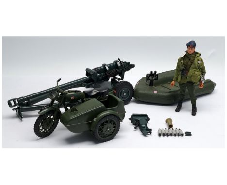 Palitoy Action Man vintage group includes (1) loose flock head figure, wearing uniform and accessories; (2) #34723 Motorcycle