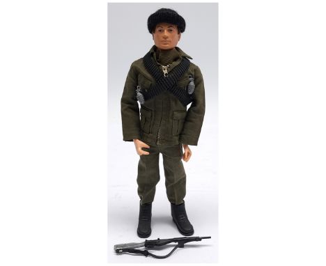 Palitoy Action Man vintage Commando, dark flock hair, plastic hands, wearing jacket, trousers, boots, bandoliers, plus other 