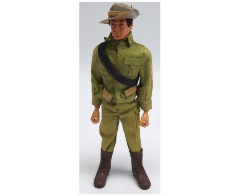 Palitoy Action Man vintage Australian Jungle Fighter, dark flock hair, gripping hands, eagle eyes, dynamic body, wearing jack