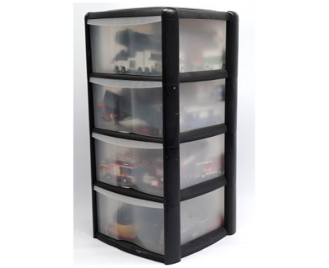 Lego, a quantity of loose/unboxed, built model trucks and trailers, fire emergency vehicles, camper vans, stored within a 4-d