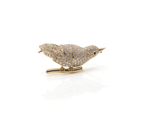 Vogelbrosche mit Brillantbesatz750 Gelbgold, geprüft, ca. 155 Diamanten im Brillantschliff, gesamt ca. 2,10 ct, F-G, vvs-vs, 