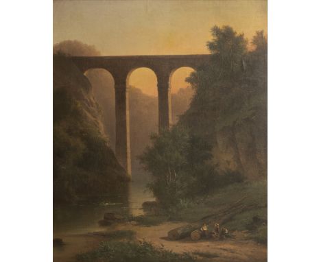 Unbekannter Künstler (19 Jh.)Abendrast unter einem Viadukt, Öl auf Leinwand auf Platte aufgezogen, 82,5 cm x 68 cm, Leinwand 