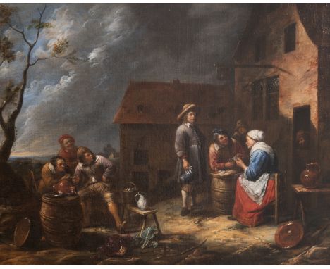 Adriaen van Ostade (1610 Haarlem - 1685 ebenda) (Nachfolge)Bauern beim Zechen und Kartenspielen vor einem Bauernhaus, Öl auf 