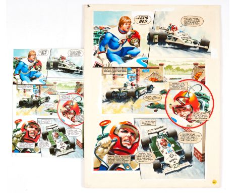 Adventures with Scalextric original colour artwork (1980) by Ian Kennedy for pg 6 of the Scalextric Model Racing Magazine, in