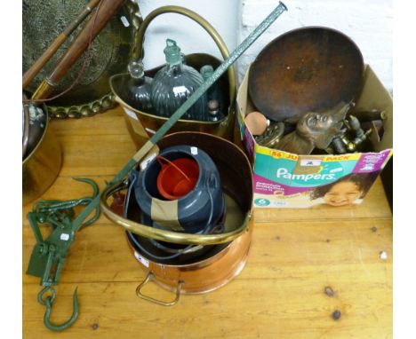 Two coal helmets, a set of butchers scales, various glass bottles, three melting pots for lead and a selection of brass and c