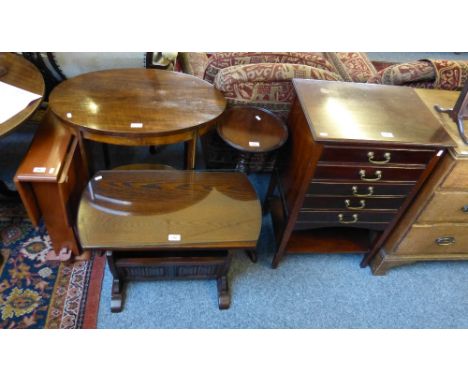 An Edwardian mahogany five-drawer sheet music chest, two-tier occasional table, mahogany wine table, oak coffee/magazine tabl