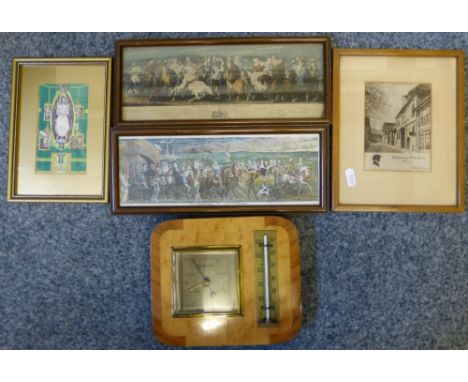 An Art Deco burr-walnut thermometer and barometer, a J&J Cash Ltd tapestry from Coventry Cathedral and three prints