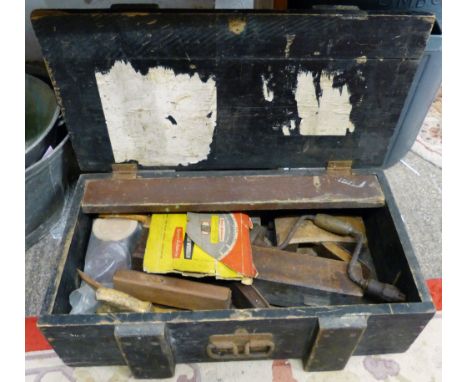 A wooden toolbox and contents of planes, hand drill etc