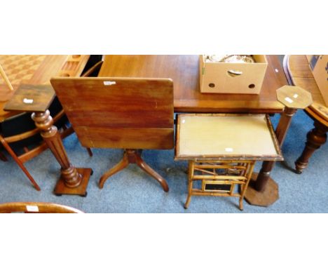 A mahogany tilt-top tripod table, together with a bamboo occasional table and two torchieres (4)