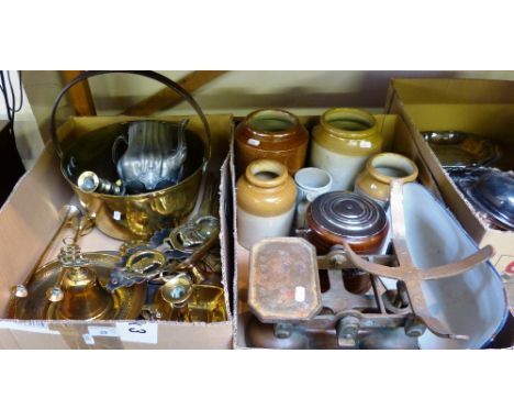 A brass jam pan, various horse brasses together with various stoneware vases and a set of kitchen scales