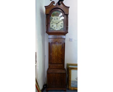 John Rawsthorne. Clitheroe, a Victorian oak long cased clock, the 30-hour movement striking on a bell, 14" painted arch dial 