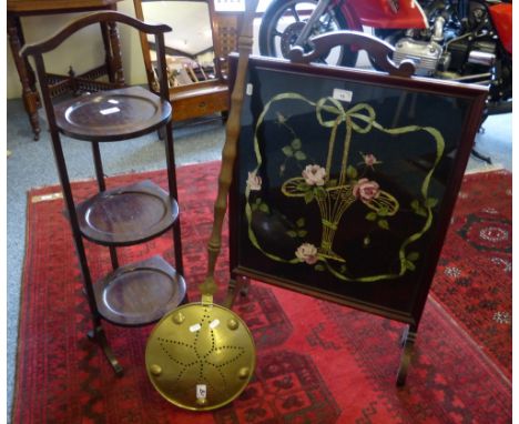 A mahogany three-tier cake stand, with mahogany fire screen panel embroidered under glass and a warming pan (3)