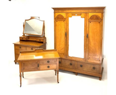  Late Victorian inlaid oak bedroom suit - comprising of a triple wardrobe with dentil cornice over two panelled doors and a m