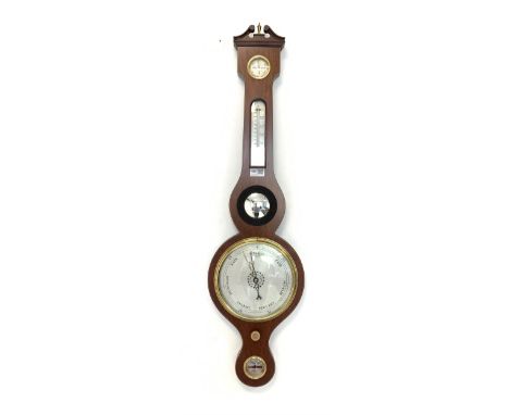  George III style mahogany wheel barometer and thermometer, with string inlay and silvered registers, by Russell of Norwich (