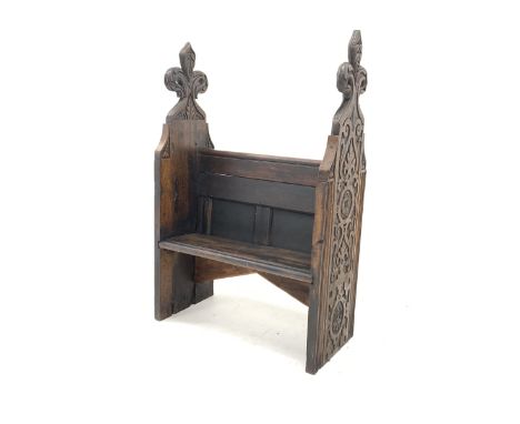  Victorian stained oak single seat pew, with profusely carved panel end supports, W88cm, H133cm, D41cm   - Condition Report 