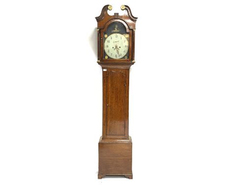  19th century oak longcase clock, white enamel dial with Arabic chapter ring, date aperture and subsidiary seconds hand, the 