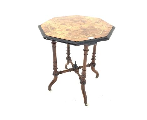  Small Victorian burr walnut occasional table, the octagonal top with string and chequered inlay and moulded ebonised edge, r