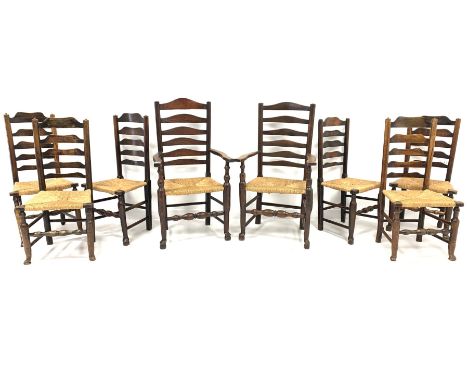  Matched set eight (6+2) 19th century oak and ash ladder back dining chairs, with rush seats and turned supports, W62cm   - C