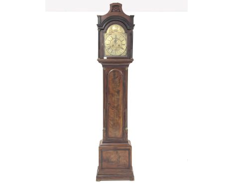  Late 17th/ early 18th century mahogany longcase clock, the hood with pierced fret work and fluted pilasters with metal mount