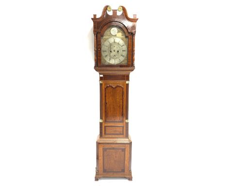  George III oak and mahogany banded longcase clock, the associated silvered brass dial with Roman and Arabic chapter ring and