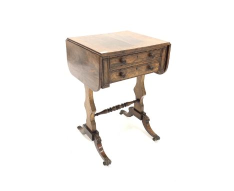  Regency rosewood sewing table, top with two drop leaves over two drawers and two faux drawers, raised on shaped panel end su