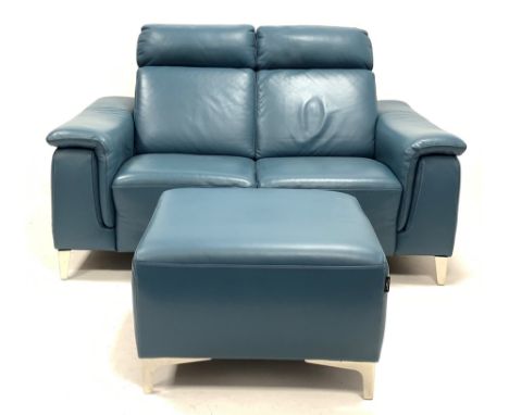 Nicoletti Home Italian two seat sofa, upholstered in petrol blue leather, (W165cm, H100cm, D105cm) and matching footstool , (