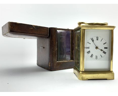  Late 19th century four glass brass carriage clock, white enamel dial with Roman numeral chapter ring, eight day striking mov