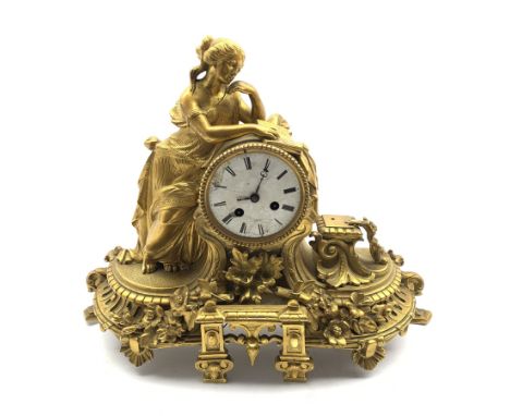  19th century gilt bronze figural mantel clock, white enamel dial with Roman numeral chapter ring, twin spring movement strik