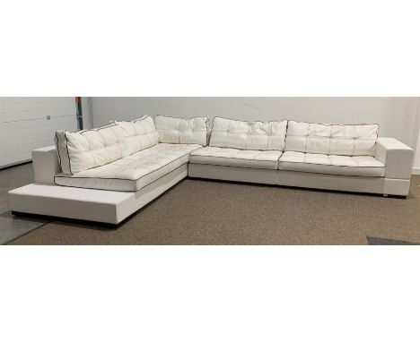  'Contempo' white leather upholstered corner sofa, with loose cushions, 361cm x 275cm, H54cm (D108cm)   - Condition Report 